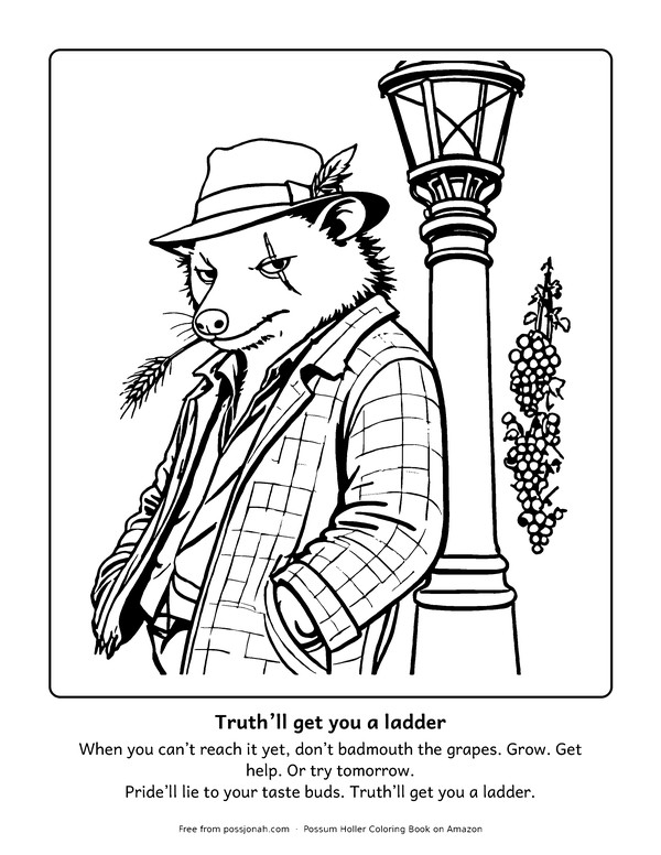 Coloring page: Poss Jonah leaning on his lamppost by the grapevine