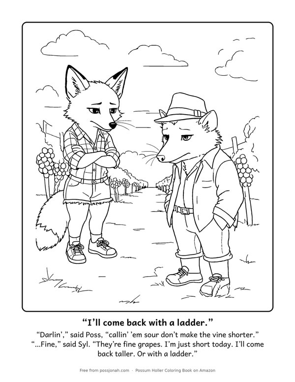 Coloring page: Syl the fox and Poss Jonah in the vineyard